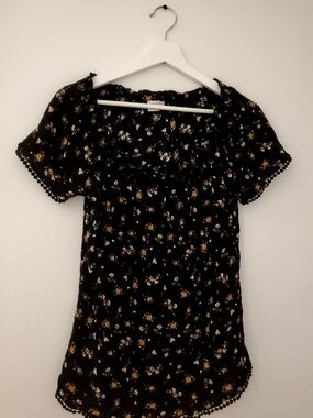 twik Medium Black Floral Blouse with Pom Pom Details